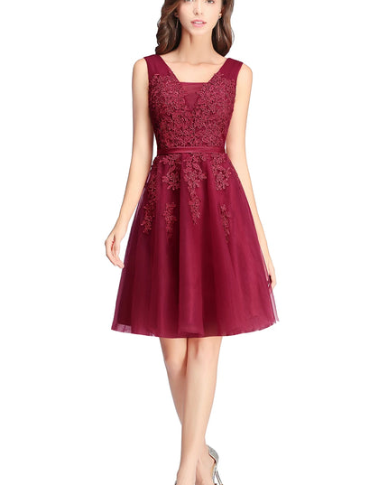 BABYONLINE Burgundy Evening Dress with Lace Appliqué & Corset Back, Flowing Tulle A-Line Skirt for Party vestido corto elegante