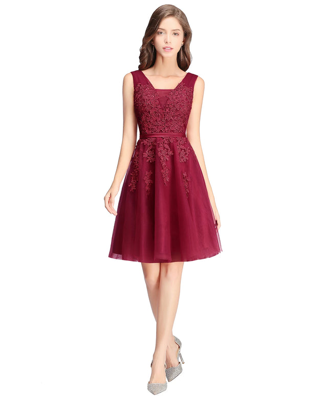 BABYONLINE Burgundy Evening Dress with Lace Appliqué & Corset Back, Flowing Tulle A-Line Skirt for Party vestido corto elegante