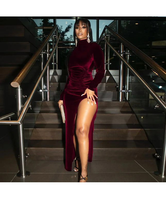 Women's autumn and winter style high-necked long-sleeved velvet dress slim pleated slit dress
