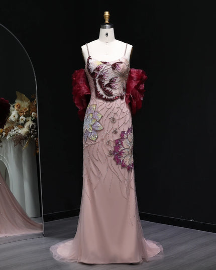 Sharon Said Luxury Pink Floral Beaded Evening Dress with Burgundy Shawl Cape Elegant Party Dress for Women SS515 Customized