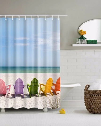 Seaside Scenic Beach Shells Shower Curtains Starfish Conch Blue Board Palm Trees Sunset Nature Scenery Bathroom Curtain Decor