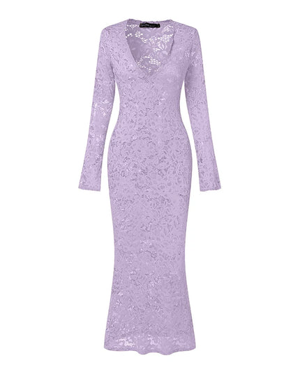 ZANZEA Women's Sexy Tight Clubbing Party Dresses Deep-V Neck Long Sleeve See-Through Lace Bodycon Long Dress Plus Size 5XL