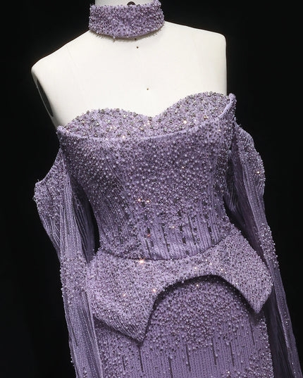 Sharon Said Luxury Grey Crystal Evening Dress with Cape Sleeves 2025 Elegant Off-Shoulder Weddin Party Gown SS558 Customized