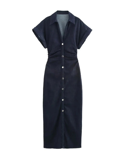 ETJ 2025  Spring New 1975 series denim MIDI dress with lapel side zipper fashion wrinkle waist slim elegant dress