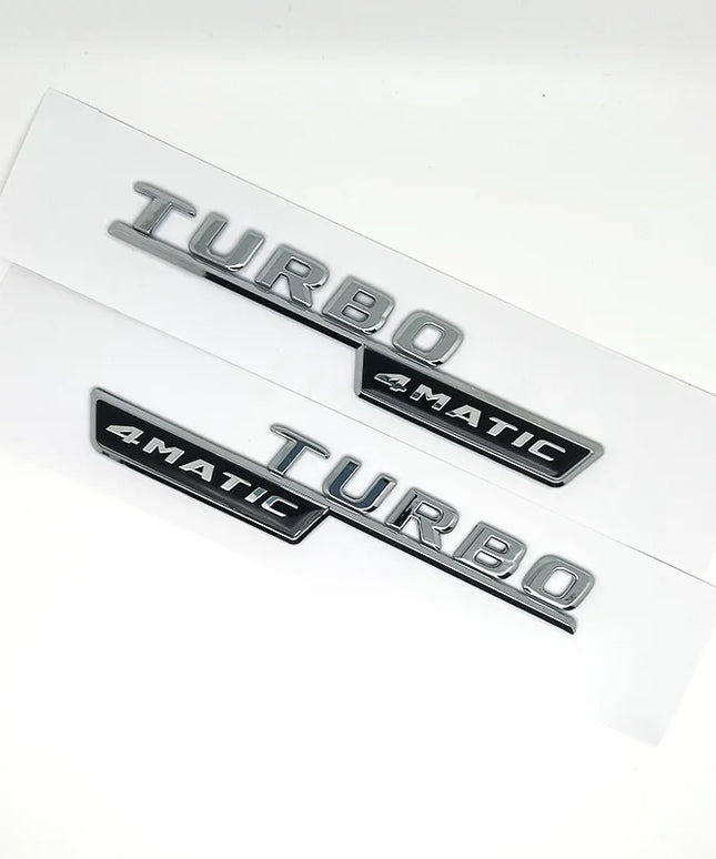 2pcs Car Letters Fender Trim Badge Turbo 4matic Plus Emblem Sticker For Mercedes AMG A45 CLA45 C117 GLA45 GLE53 X247 Accessories