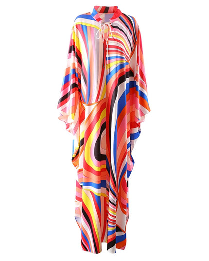 Elegant Loose Robe Dresses Autumn Women Colorful Striped Printing Fashion Batwing Sleeve Party Vacation Casual Vestidos