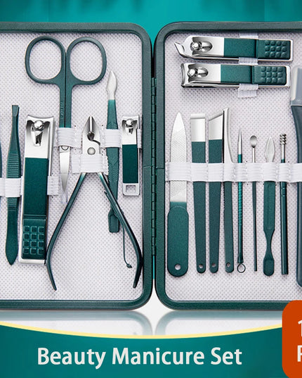 Green 6-18 Pcs Manicure Set With Leather Case Professional Foot And Face Care Tool Kits Stainless Steel Nail Clipper Sets Gift