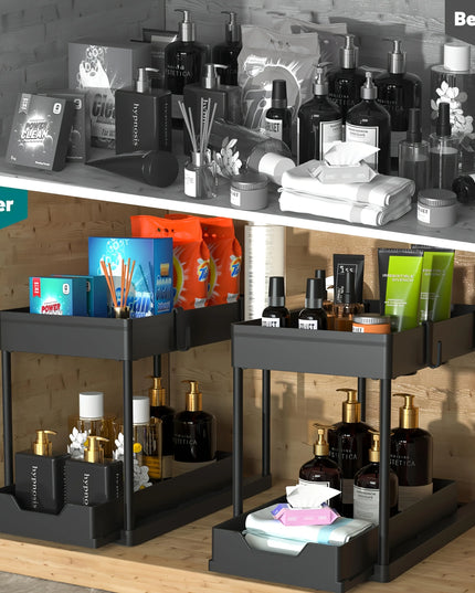 2 Tier Under Sink Organizer Sliding Cabinet Basket Organizer Storage Rack with Hooks Hanging Cup Bathroom Kitchen Organizer