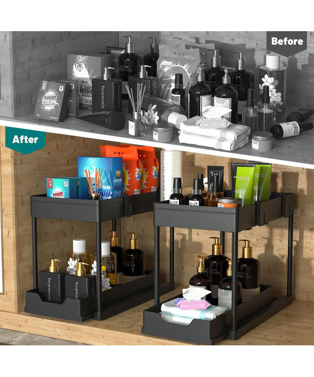 2 Tier Under Sink Organizer Sliding Cabinet Basket Organizer Storage Rack with Hooks Hanging Cup Bathroom Kitchen Organizer