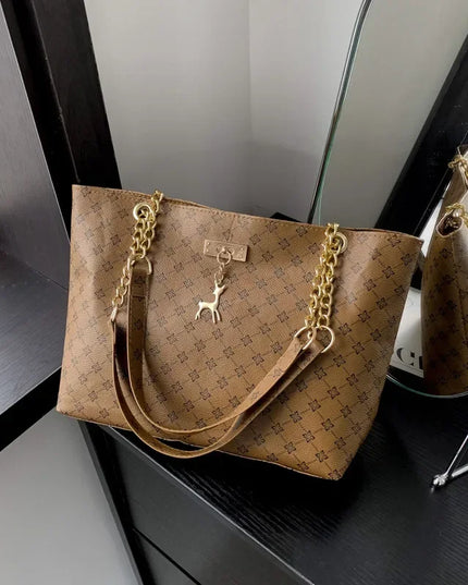 1pcs Fashionable Large Capacity Handbag Texture PU Leather Tote Women Bag with Hanging Accessories Shoulder Bag