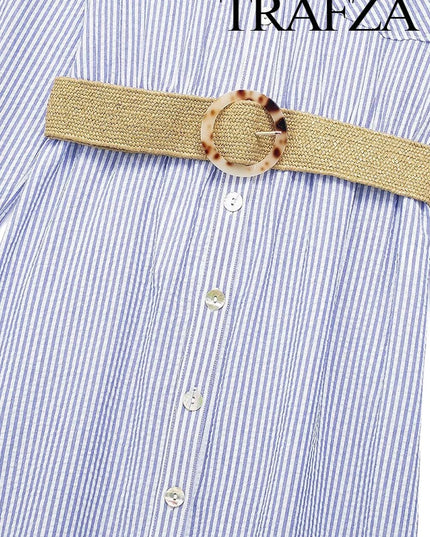 Women's Elegant Rolled Sleeve Blue Striped Shirt Dress Single Breasted Lapel With Belt High Waist Long Sleeve Dresses