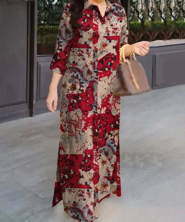 ZANZEA Women Fasihon Shirtdress Lapel Oversized 2024 Autumn Cotton Maxi Sundress Vintage Floral Print 3/4 Sleeve Long Dresses