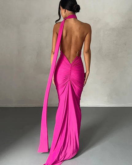 Hugcitar One Shoulder Backless Adjustable Scarf Loop Ruched Sexy Maxi Dress Women Elegant Y2K Streetwear Festival Outfit