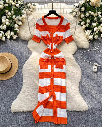 YuooMuoo Chic Fashion Sexy Package Hips Knitted Long Dress 2025 Spring and Summer Elegant Slim Waist Office Lady Sweater Dress