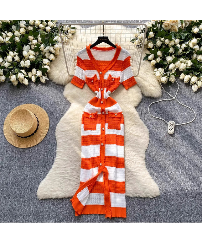 YuooMuoo Chic Fashion Sexy Package Hips Knitted Long Dress 2025 Spring and Summer Elegant Slim Waist Office Lady Sweater Dress