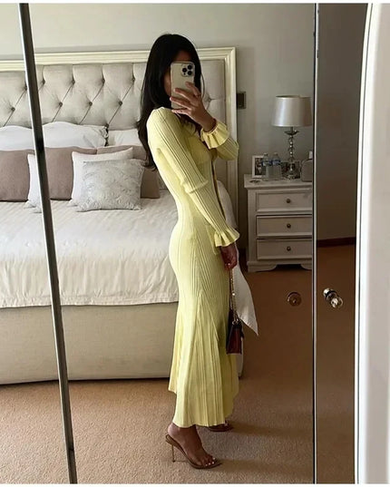 Winter Knitted Dress Women 2025 New Long Sleelve Ruffles Single Breasted Long Dresses Female Party Fashion Sweater Vestidos