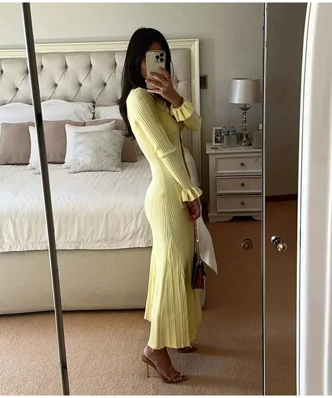 Winter Knitted Dress Women 2025 New Long Sleelve Ruffles Single Breasted Long Dresses Female Party Fashion Sweater Vestidos