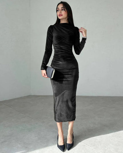 2024 Spring Summer Velvet Long Sleeve Midi Dress For Women Ruched Long Dress Elegant Party Clothes Evening Green Outfits