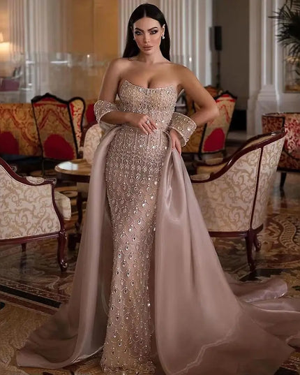 Sharon Said Luxury Champagne Mermaid Arabic Evening Dress with Overskirt 2025 Dubai Women Wedding Party Gowns SS168 Customized