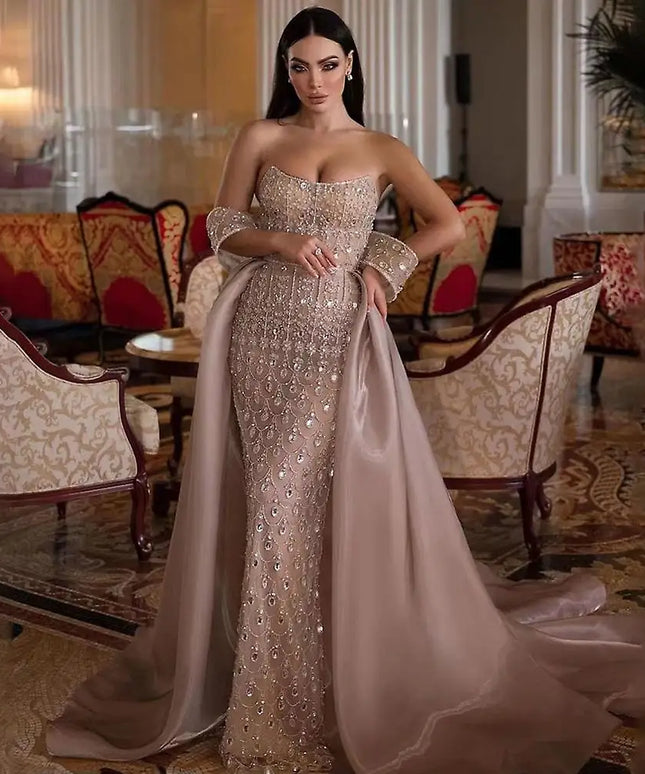Sharon Said Luxury Champagne Mermaid Arabic Evening Dress with Overskirt 2025 Dubai Women Wedding Party Gowns SS168 Customized