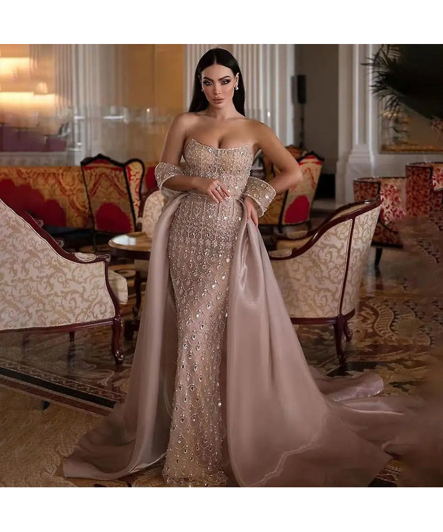 Sharon Said Luxury Champagne Mermaid Arabic Evening Dress with Overskirt 2025 Dubai Women Wedding Party Gowns SS168 Customized