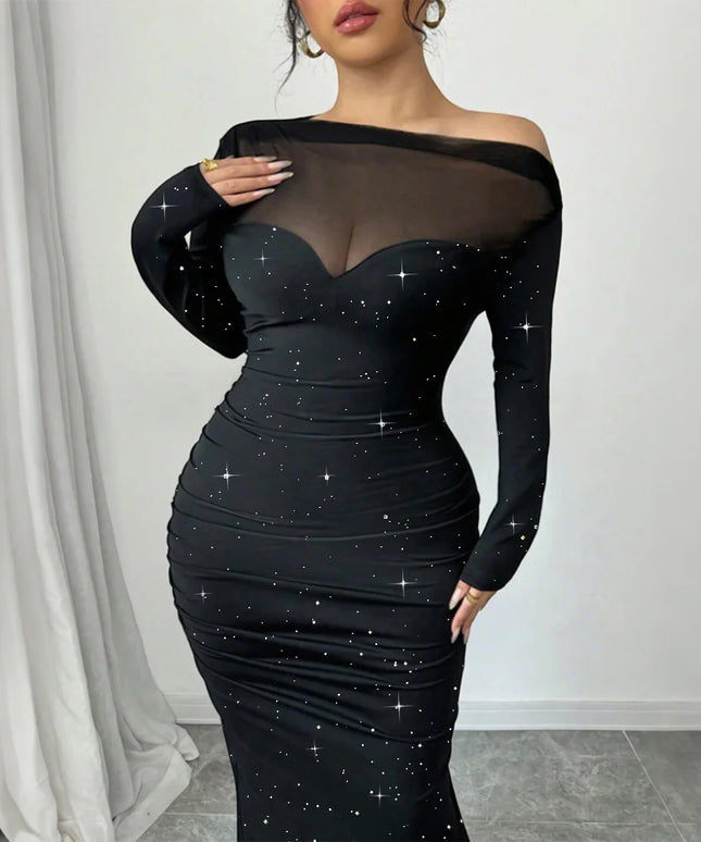 Plus Size Women's Sexy Sequin Sheer Mesh Off Shoulder Sleeve Bodycon Party Cocktail Club Evening Banquet Maxi Dress Size 1XL-5XL