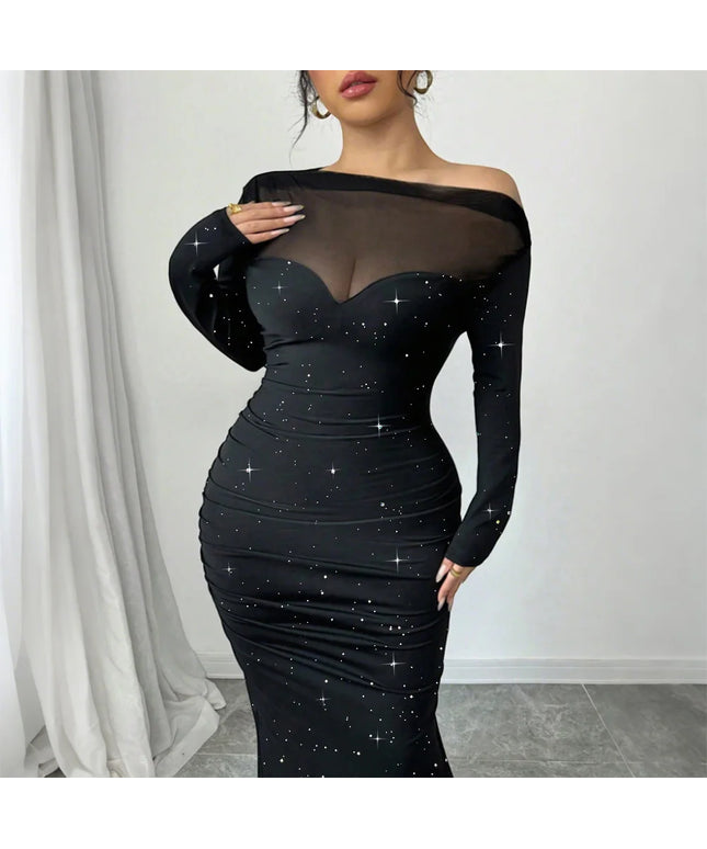 Plus Size Women's Sexy Sequin Sheer Mesh Off Shoulder Sleeve Bodycon Party Cocktail Club Evening Banquet Maxi Dress Size 1XL-5XL