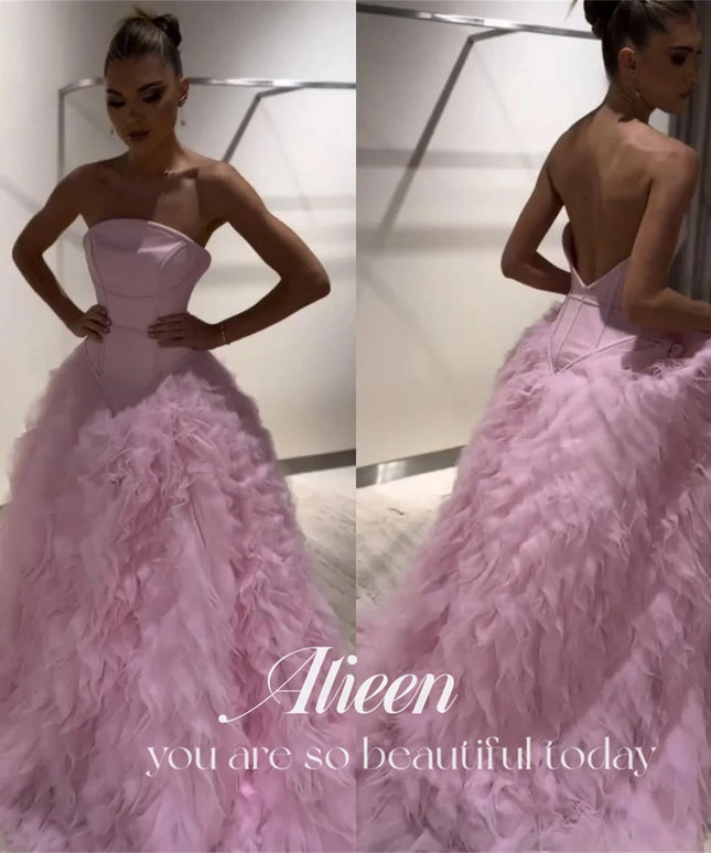 Customized Pink Multi-layer Mesh Strapless Backless Saudi Evening Dresses 2025 Luxury Wedding Party Dress Prom Gown