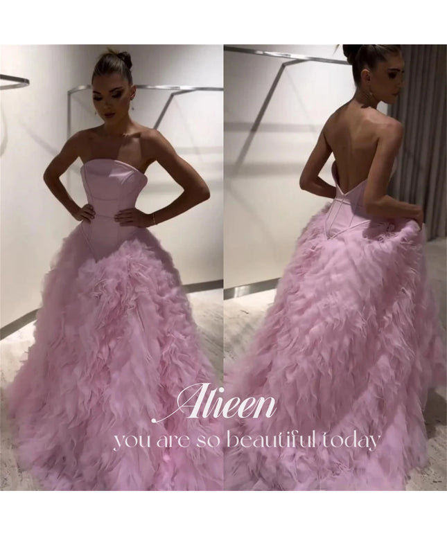 Customized Pink Multi-layer Mesh Strapless Backless Saudi Evening Dresses 2025 Luxury Wedding Party Dress Prom Gown