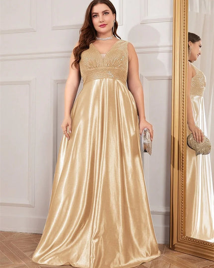 Plus Size Elegant Sequins Evening Dress For Women 2025 Deep V-neck Satin Prom Party Dress Floor Length Formal Bridesmaid Gowns