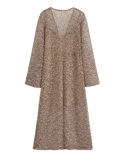 Sexy Sequined Long Pleated Dress Women Deep V-neck Full Sleeve See Through Dresses 2025 Summer Lady Party Evening Dresses ﻿