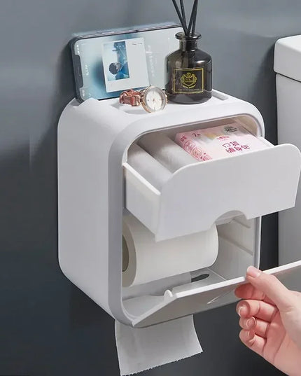 Wall Mount Toilet Paper Holder Waterproof Tissue Storage Box Multi Function Bathroom Organizer with Lid Rustproof