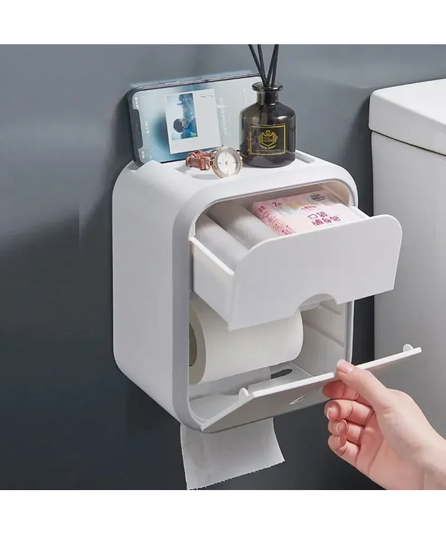 Wall Mount Toilet Paper Holder Waterproof Tissue Storage Box Multi Function Bathroom Organizer with Lid Rustproof