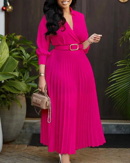 Elegant Office Dresses for Women Pleated Deep V Neck Full Sleeve Belt Waisted Ankle Length African Business Work Wear Dress New