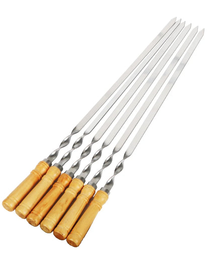 6Pcs Long Handle Shish Kebab Wood BBQ Fork Stainless steel Outdoors Grill Needle Barbecue Grill Stick 55cm 21.65" BBQ Skewers