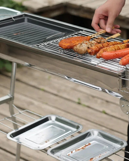 Outdoor Stainless Steel Charcoal Grill Large Size Barbecue Tool Portable Free Installation Handle Folding BBQ Cooking