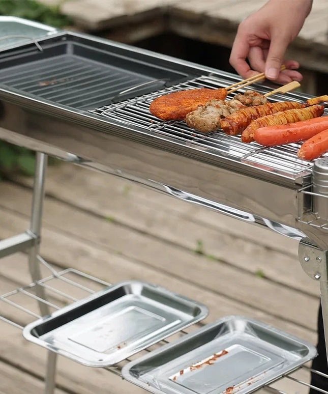 Outdoor Stainless Steel Charcoal Grill Large Size Barbecue Tool Portable Free Installation Handle Folding BBQ Cooking