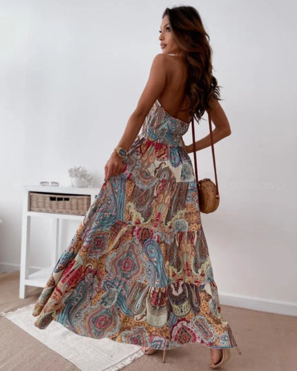Fashionable and sexy bohemian-style printed backless suspender long dress for women