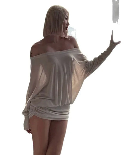 Newly designed niche shoulder long sleeved T-shirt daily high street chiffon women irregular and unique sexy slanted shoulder