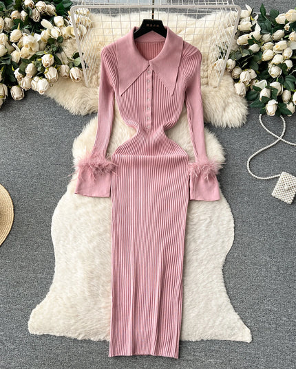 YuooMuoo Women Dress 2025 Autumn Winter Elegant Fur Long Sleeve Knitted Sweater Dress Chic Lady Wrap Hips Bodycon Long Vestidos