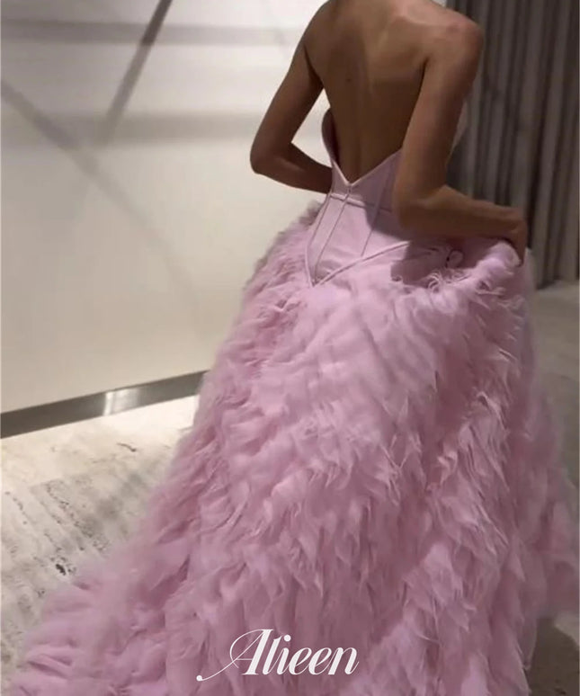 Customized Pink Multi-layer Mesh Strapless Backless Saudi Evening Dresses 2025 Luxury Wedding Party Dress Prom Gown