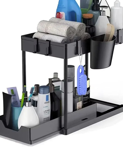 2 Tier Under Sink Organizer Sliding Cabinet Basket Organizer Storage Rack with Hooks Hanging Cup Bathroom Kitchen Organizer