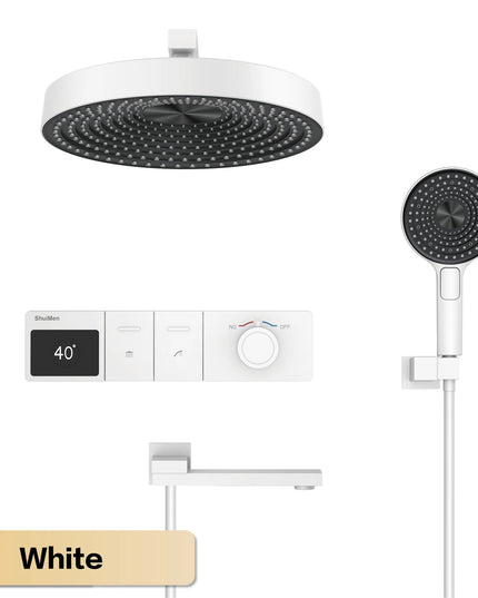 Luxury gun gray brass LED digital display shower system with wall mounted design, simple bathroom faucet for hot and cold water