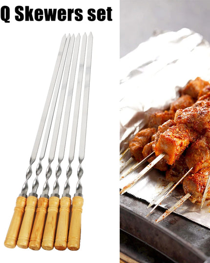 6Pcs Long Handle Shish Kebab Wood BBQ Fork Stainless steel Outdoors Grill Needle Barbecue Grill Stick 55cm 21.65" BBQ Skewers