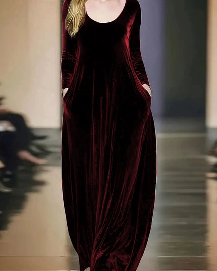 Plus-size European and American cross-border autumn and winter solid color casual elegant pocket velvet long dress