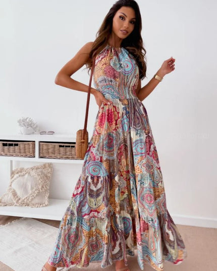 Fashionable and sexy bohemian-style printed backless suspender long dress for women