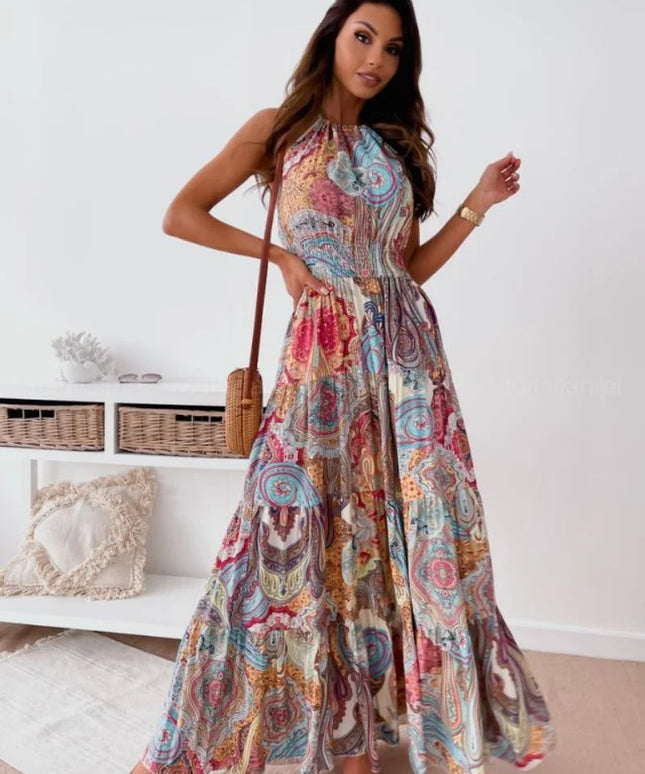 Fashionable and sexy bohemian-style printed backless suspender long dress for women