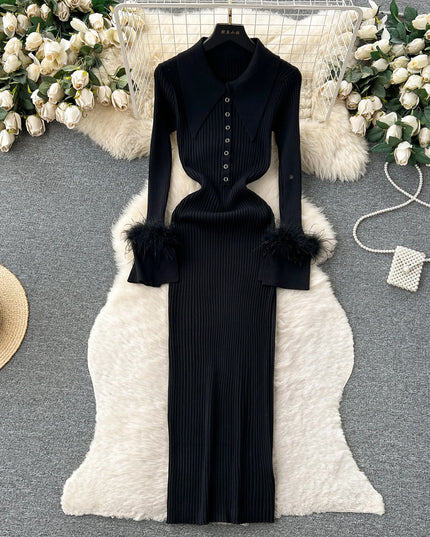 YuooMuoo Women Dress 2025 Autumn Winter Elegant Fur Long Sleeve Knitted Sweater Dress Chic Lady Wrap Hips Bodycon Long Vestidos