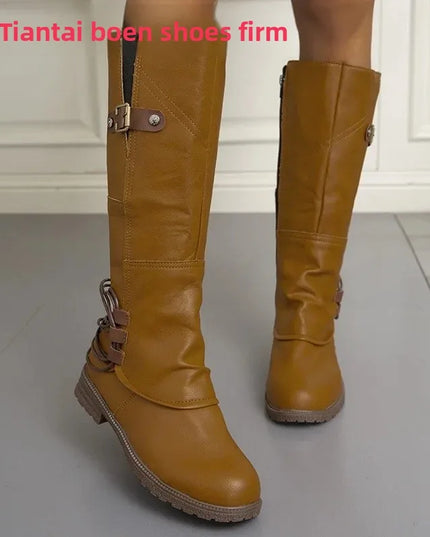 Women's round Toe Side Zipper PU Mid-Calf Boots Autumn Winter New Style Square Heel Booties Comfortable Rubber Lined Shoes