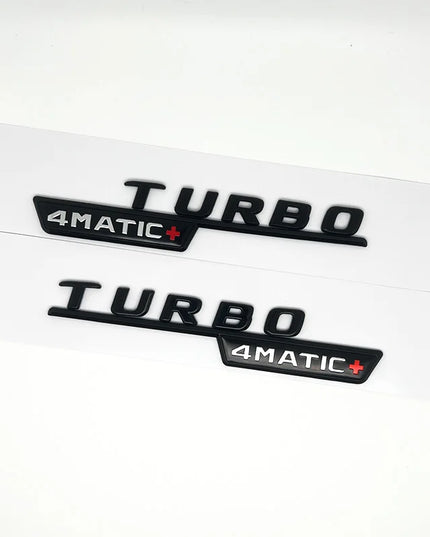 2pcs Car Letters Fender Trim Badge Turbo 4matic Plus Emblem Sticker For Mercedes AMG A45 CLA45 C117 GLA45 GLE53 X247 Accessories